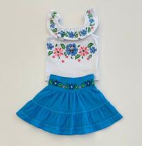 Conjunto Infantil Nanai Blusa Branca Floral e Saia Azul Charmosa