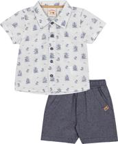 Conjunto Infantil Nini&Bambini Camisa em tricoline e Bermuda em tecido Chambray Farol Azul