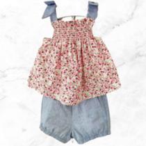 Conjunto Infantil para Menina Floral Blusa Alcinha e Shorts Azul Casual e Fofo