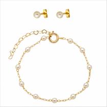 Conjunto Infantil Pérolas Brinco E Pulseira Banhado Ouro Conjunto Infantil Pérolas Brinco E Pulseira Banhado Ouro