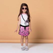 Conjunto infantil Petit Cherie blusa com saia gatinha rosa tam 2