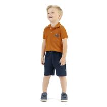 Conjunto Infantil Polo Malha Vicenza Bermuda Moletinho Laranja/Marinho