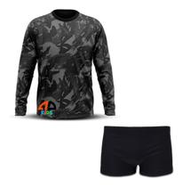 Conjunto Infantil Praia Menino Proteção UV 50+ Camisa e Sunga Boxer Camuflado Cinza