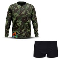 Conjunto Infantil Praia Menino Proteção UV 50+ Camisa e Sunga Boxer Camuflado Verde