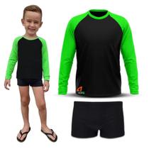 Conjunto Infantil Praia Menino Proteção UV 50+ Camisa e Sunga Boxer Preto e Verde Neon - ADSTORE