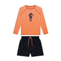 Conjunto Infantil Proteção UV 50+ Onda Marinha Laranja Neon