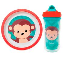 Conjunto Infantil Refeição Pratinho e Copo Parede Dupla 320ml Animal Fun Macaco Buba