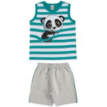 Conjunto infantil regata verde estampado urso panda com shorts mescla liso