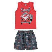 Conjunto infantil regata vermelho estampado surf e shorts mescla escuro estampado