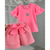 Conjunto Infantil Rosa NEON Coração Glitter Prata