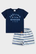 Conjunto Infantil Roupa Bebê Masculino Breeze Camiseta Com Short Listrado Meia Malha Moda Verão