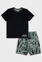Conjunto Infantil Roupa Menino Camiseta Em Meia Malha + Bermuda Camuflada Confortável Alakazoo