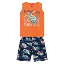 Conjunto Infantil Roupa Menino Regata + Bermuda Estampa Marine Life C/ Elástico No Cós Verão