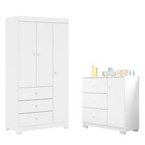 Conjunto Infantil Roupeiro Duda 3P e Comoda MDF Branco Pheonix Baby