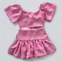 Conjunto Infantil Saia Balonê + Cropped Blusa Costa Nua Manga Esvoaçante Leve Macia Menina Feminina Conjunto Infantil Saia Balonê + Cropped Blusa Costa Nua Manga Esvoaçante Leve Macia Menina Feminina
