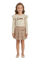 Conjunto Infantil Saia Xadrez Plissada blusa Manga longa Kukie