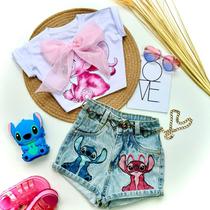 Conjunto infantil Short jeans + Croped Stitch & Personagens 2 ao 12