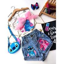 Conjunto infantil Short jeans + Croped Stitch & Personagens 2 ao 12