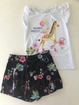 Conjunto infantil short saia azul com blusa branca estampada - Alakazoo