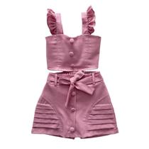 Conjunto Infantil Shorts Saia Moda Blogueira Mini Diva Com Botões Laterias Menina Cropped Com Alça de Babadinho