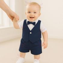 Conjunto Infantil Social Shorts Xadrez Listrado Gravata Borboleta Bebê Menino RN a 05 Meses Batizado