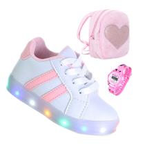 Conjunto Infantil Tenis de Menina Com Luz Led + Mochila e Relógio Rosa