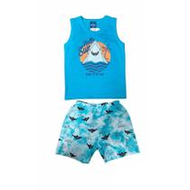 Conjunto Infantil Tubarão Meia Malha e Bermuda de Tactel Romitex