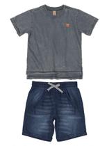 Conjunto Infantil Up Baby Camiseta Malhas e Bermuda Jeans Cinza