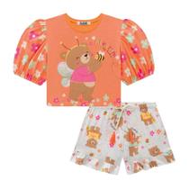 Conjunto Infantil Ursa Cropped Manga Bufante E Short Babado