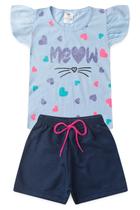 Conjunto Infantil Verão Menina Babado Meow - Azul Bebê Conjunto Infantil Verão Menina Babado Meow - Azul Bebê