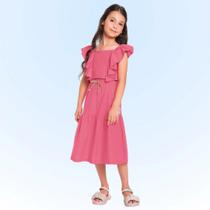 Conjunto Infantil Verão Menina Cropped e Saia Midi Rosa - Fakini Conjunto Infantil Verão Menina Cropped e Saia Midi Rosa - Fakini