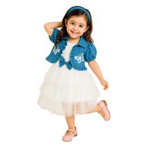 Conjunto Infantil Vestido Branco Casaquinho Jeans Borboletas Conjunto Infantil Vestido Branco Casaquinho Jeans Borboletas