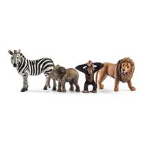 Conjunto inicial de bonecos de ação Schleich Wild Life com zebra, elefante, chimpanzé e leão