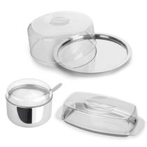 Conjunto Inox Açucareiro Manteigueira Boleira 24 cm 3pc Multiuso Kit Café da Manhã Chá da Tarde Eventos e Churrascos