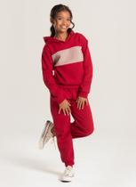 Conjunto Inverno Menina Borgonha Cropped com Capuz e Calça em Moletom Básico com Recorte