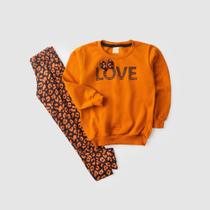 Conjunto Inverno Menina Canela Blusão em Moletom e Legging Love Oncinha