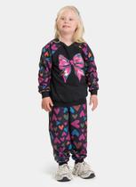 Conjunto Inverno Menina Preto Blusão Raglan Laço e Calça em Moletom Corações