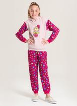 Conjunto Inverno Menina Rosa Blusão com Capuz e Calça em Moletom Florzinha