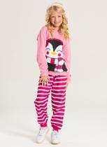 Conjunto Inverno Menina Rosa Blusão com Capuz e Calça em Moletom Pinguim