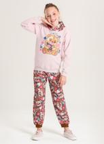Conjunto Inverno Menina Rosa Blusão Com Capuz e Calça em Moletom Ursinho Florido