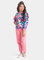Conjunto Inverno Menina Rosa Jaqueta Zíper com Capuz e Calça em Moletom Corações
