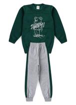 Conjunto Inverno Menino Verde Blusão e Calça com Recorte em Moletom Happy Bear