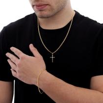 Conjunto Italiano Grumet Masculino Kit Colar 60cm com Pingente de Cruz e Pulseira Banhada Ouro 18k