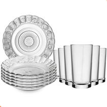 Conjunto Jantar 12 Peças Vidro Transparente Alto Relevo: 6 Pratos e 6 Copos Elegantes Conjunto Jantar 12 Peças Vidro Transparente Alto Relevo: 6 Pratos e 6 Copos Elegantes