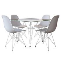 Conjunto Jantar Eames De Ferro Branco E Tampo Quadrado Vidro 90cm 4 Cadeiras Branca