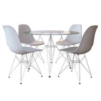 Conjunto jantar eames de ferro branco tampo redondo vidro 90cm 4 cadeiras brancas Conjunto jantar eames de ferro branco tampo redondo vidro 90cm 4 cadeiras brancas