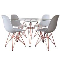 Conjunto Jantar Eames de Ferro Cobre e Tampo Quadrado Vidro 90cm 4 Cadeiras Branca
