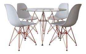 Conjunto Jantar Eames De Ferro Cobre Tampo Redondo 90cm Vidro 4 Cadeiras Brancas