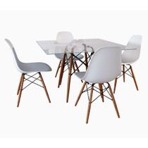 Conjunto Jantar Eames Tampo Quadrado Vidro 90cm - 4 Cadeiras Brancas