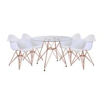 Conjunto Jantar Mesa Eames Eiffel Vidro Redonda 110cm com 4 Poltronas Brancas Ferro Cobre